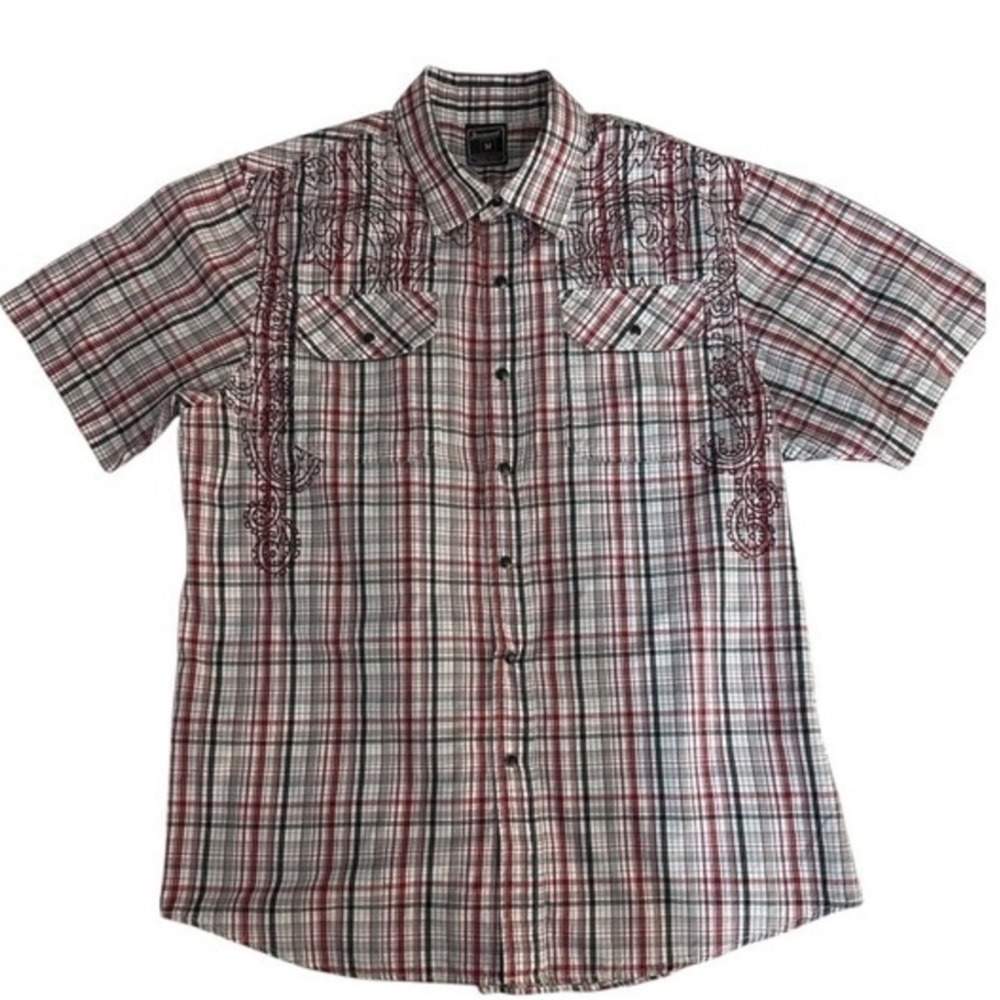 Men's Irreverent Plaid Short Sleeve Button Up Shirt Red Black White Size M‎
